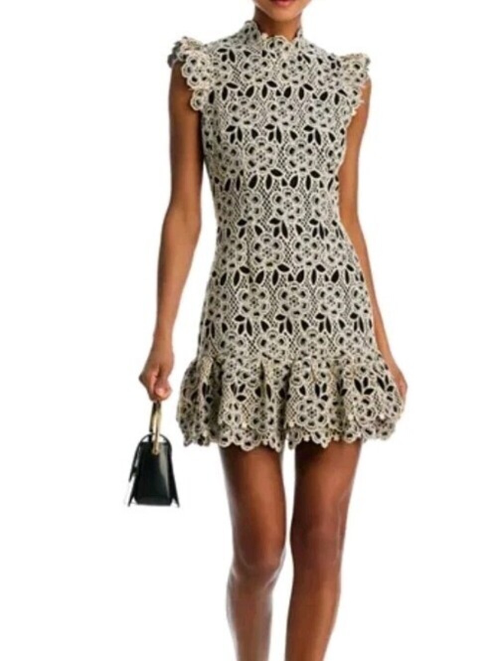 AQUA Womens S Floral Crochet Lace Mock Neck Mini Dress Black Natural NWT $118